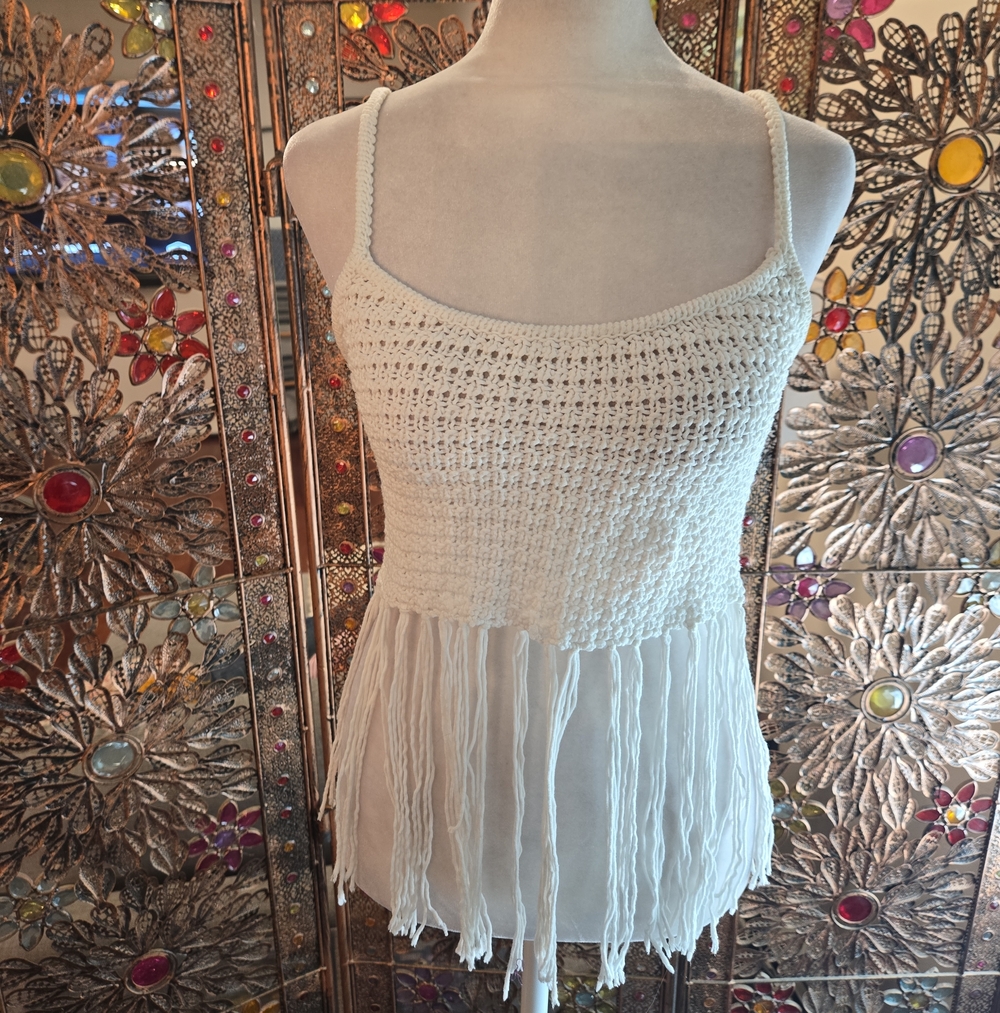 Crochet Fringe Cropped Festival Boho Ivory Cami Tank XS Hippie Woodstock